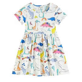 Frogwill Toddler Girls Dinosaur Cotton Dress Short Sleeve Summer Casual Outfit 4T, White