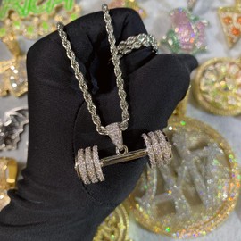 ICEDIAMOND 14K Iced Out Radiant CZ Diamond Dumbbell Design Pendant Necklace, Gold-Plated Full Cubic Zirconia Hip-Hop Jewellery for Unisex, Brass, Cubic Zirconia