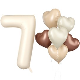 Biapian 40 Inch Cream White Number 7 Balloons, Beige White Large Number 7 Balloons with 18'' Cream Foil Heart Balloons Helium for Boys Girls 7th Birthday Decorations Baby Shower Party Supplies