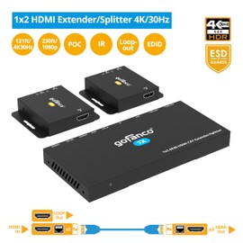gofanco 4K 1x2 HDMI Extender Splitter Over CAT6/7 – 131ft (40m) at 4K 30Hz, 230ft (70m) at 1080p, HDCP 1.4, Poc, IR, HDMI Loopout, RS232 Control, Surge/Lightning/ESD Protection (HD14Ext-2P v2.0)