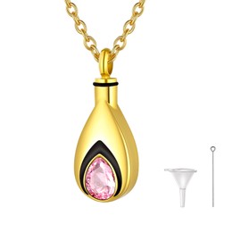U7 Fashion Urn Necklace for Ashes Men Women 18K Gold Plated Stainless Steel Keepsake Urns Pendant with October Birthstone, Pink Teardop Necklace