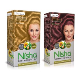 Nisha Cream Hair Color Rich Bright Long Lasting Hair Colouring For Ultra Soft Deep Shine 100% Grey Coverage Conditioning With Natural Herbs Golden Blonde and Cherry Red (Pack of 2)