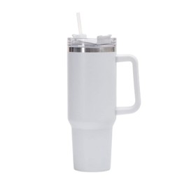 FAMKX - Vaso de viaje aislado de 40 onzas con asa y popote, de acero inoxidable con doble pared al aspiradora para mantener la bebida fría y caliente (blanco)