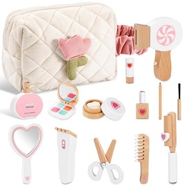 14 Pieces Wooden Children's Make-Up Set Girls, Wooden Vanity Case Children with Cosmetic Bag for Children's Role Play, Makeup Toy Gift for Birthday for Girls from 2 3 4 Years