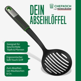 CHEFKOCH Premium Straining Spoon - Perfect for Straining Dumplings, Mouth Bags & More - Heat Resistant up to 270°C - Gentle on Coated Pots, Soft Touch Handle, Length: 31.5 cm