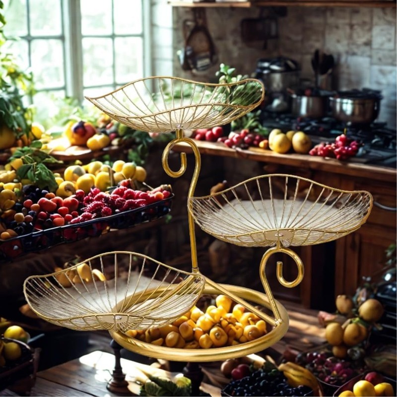 3-Tier Gold Metal Fruit Basket, Kitchen & Living Room Display