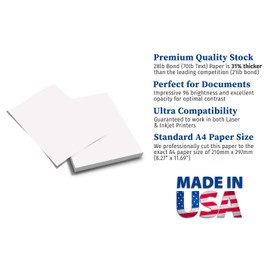 Premium A4 (8.3"x 11.7") Printer Paper - 28lb Bond / 70lb Text (105 gsm) Bright White Paper (250 Sheets)