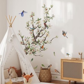 Wall Sticker White Blossom Flower Wall Sticker Birds on Tree Branch Wall Sticker for Living Room Bathroom Bedroom Kitchen