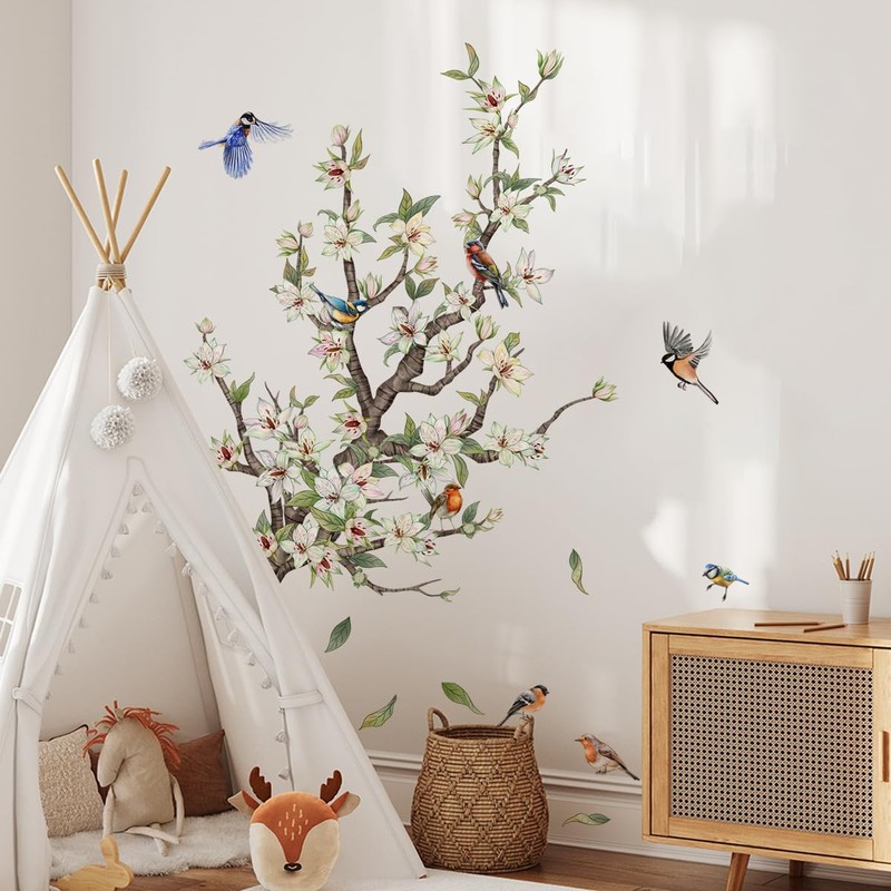 Wall Sticker White Blossom Flower Wall Sticker Birds on Tree
