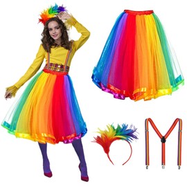 Rainbow Tulle Skirt with Straps Set, Carnival Rainbow Costume Women, Tulle Skirt Women, Tutu Women, Rainbow Costume, Rainbow Skirt Tulle with Feather Headband for Carnival Parties and Theme Parties,