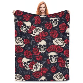 VODRM Horror Skull Blanket Gifts for Kids Adults Soft Warm Lightweight Cozy Red Rose White and Black Skulls Throw Blankets for Bed Living Room Sofa Couch Birthday Goth Decor 60x80in