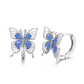 ABIGY Butterfly Earrings 925 Sterling Silver Butterfly Hoop Earrings Blue Zirconia Butterfly Jewellery Earrings for Women