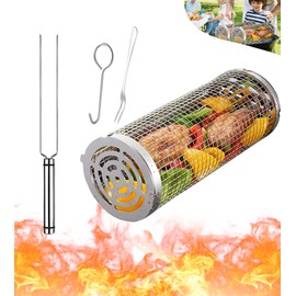 Rolling Grilling Baskets for Outdoor Grill Bbq Stainless Steel Round Barbecue Net Tube Mesh Cylinder Cage Cooking Accessories for Camping, Gift for Men Dad Him Father