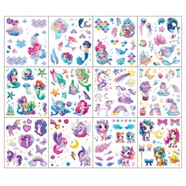 Glitter Mermaid Unicorn Temporary Tattoos for Girls, 12 Sheets Mermaid Unicorn Rainbow Butterfly Waterproof Fake Tattoos for Girls Kids Birthday Party Supplies Favors, Baby Shower