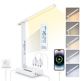 Power Strip with LED Desk Lamp, 2 Outlets 1 USB-A Ports 1 Type-C Ports, Small Desk Lamp with Surge Protection and Led Display, 5ft Extension Cord, 5 Color Modes 5 Brightness, Dorm Room Essentials