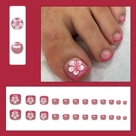 24 Pcs Red French Tip Press on Short Square Toenails, YIHONGYAN Spring Pink Fake Toe Nails with 3D Flower Design Glue on Full Cover False Toenails Stick on Women Nails Reusable Acrylic Manicure Kit