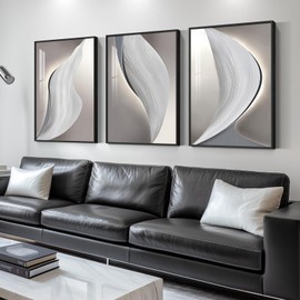 Framed Large Grey Abstract Wall Art for Living Room, Modern Black and White Wall Decor, Bright Style 3 Piece Artwork for Walls, Paintings Pictures for Hallway, Dining, Office 24x36 Inch