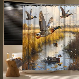 Mallard Duck Shower Curtain Wild Duck Hunting Flying Themed Bird Rustic Natural Lake Scenery Farmhouse Cabin Animal Nature Landscape Bath Curtain Fabric Bathroom Accessories Decor with Hooks 70W x70L