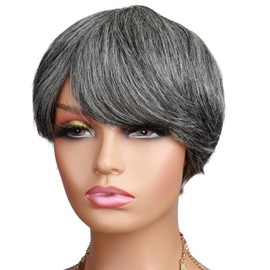 Salt and Pepper Wig Silver Grey Pixie Cut Wigs Remy Human Hair for Black Women with Bangs, 5 Inch Silver Grey Straight Short Pixie Cut Old Lady Wigs Wear and Go Glueless None Lace Salt and Pepper Wig