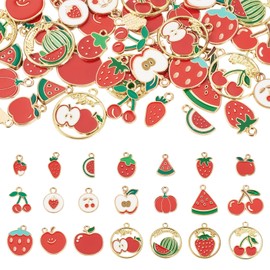 Cheriswelry 42Pcs Fruits Charm Gold Plated Alloy Enamel Charms Cute Apple Strawberry Cherry Watermelon Pendant 13-24.5mm for DIY Necklace Bracelet Earring Jewelry Making