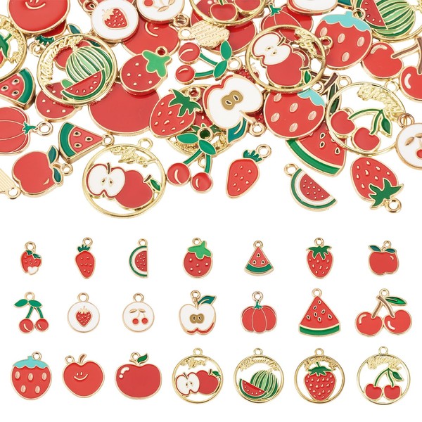 Cheriswelry 42Pcs Fruits Charm Gold Plated Alloy Enamel Charms Cute
