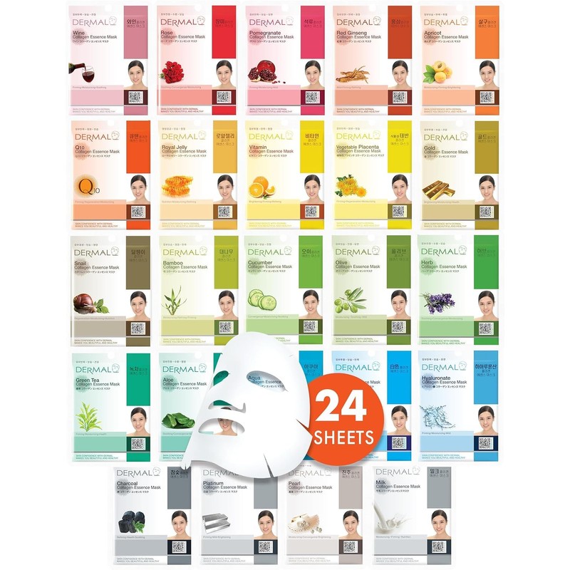 DERMAL Korea 24 Mascarillas Faciales Coreanas con Colágeno y Vitamina