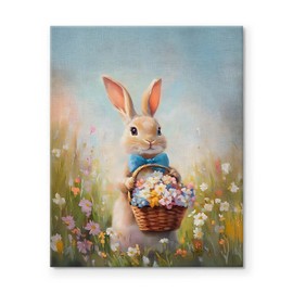 Easter Canvas Wall Art Decor Frame painting - 20X24 inch Cute Bunny with Basket of Flowers, Easter-Themed Artwork, Springtime Design for Home Living Room, Bedroom and Holiday Decoration