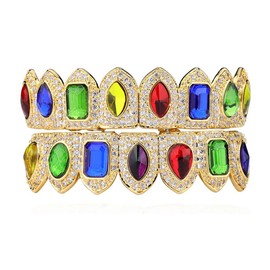 Psivika Iced Out Diamond Teeth Grillz for Men Women, Hip Hop Grills for Your Teeth Top and Bottom, Rapper Costume Cosplay Teeth Jewelry and Accessories (178-Gold)