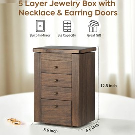 Meangood Jewelry Box Jewelry Organizer, 5-Layer Wooden Jewelry Organizers and Storage Boxes for Women Girls, Ring Earring Bracelet Necklace Holder Organizer with Mirror & Drawers (Walnut)