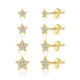 Gold Studs Earrings for Women Girls 4 Pairs Different Sizes Gold Star Studs Earring Shiny 9ct GoldSmall Tiny Studs-Earrings with Zirconia Diamond 14K Goldplated Sterling Silver StudsEarrings Set