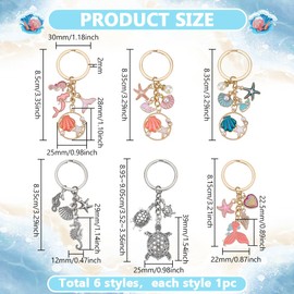 PH PandaHall 6PCS Ocean Keychain, 6 Styles Starfish Seashell Pearl Charms Key Decoration Metal Keychain Gift Inspiration Keyring for Women, Beach Lover for Purses Backpack Handbags Wallets Home Car