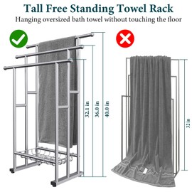 40" Tall Freestanding Towel Racks for Bathroom, 3 Tier Floor Towel Rack with Storage Basket, Blanket Ladder Drying and Display Rack for Large Bath & Hand Towel Outdoor Poolside (Silver)
