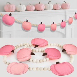 Fall Felt 3D Pumpkin Garland Pink Pumpkin Garland and Wood Bead for Fall Decor Autumn Decorations for Home Fall Pumpkin Banner for Mantle Home Wall Decor