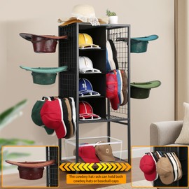 Meangood Hat Holder Stand, 5 Tier Big Capacity Hat Organzier Display Rack with Deep Pockets Remove Hooks for Storage Baseball, Cowboy, Caps Boxes, Western Rustic Brown