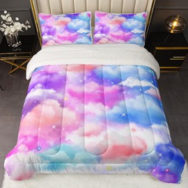 Nttopship Pink Clouds Comforter Set Queen Size for Boys Girls Pink Blue Cloud Sky 3D Digital Printing，Sherpa Fleece-Backing Premium，Winter Lightweight Soft Microfiber Bedding with 2 Pillow Shams