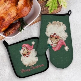 Mingnei Christmas Santa Xmas Oven Mitts and Pot Holders Sets, Merry Christmas Pink Santa Heat Resistant Hot Pads Kitchen Decor for Cooking Baking BBQ Grilling, Christmas Oven Glove Set Kitchen Gifts