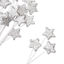 Pack of 6 Silver Glittered Star Picks - Sparkly Star Stems for Christmas, 4th of July, St Patrick's Day, Mardi Gras, Patriotic, Flower Arrangements, Centerpieces, Wreaths, and Decorations (16")