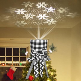 Lewondr Christmas Tree Topper, Hat Snowflakes Projector Christmas Hat Christmas Tree Topper, Christmas Decoration Checked Elf Hat Tree Topper for Christmas, New Year, Holiday, Party, Home, Black &