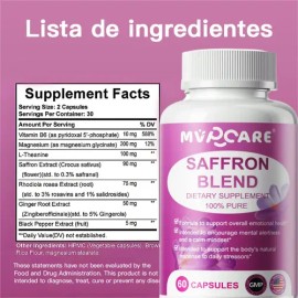 90mg Azafrán Puro Orgánico Saffron Blend 60 Capsulas Saffron Suplemento De Mezcla De Azafrán Para Mujeres Cápsulas De Azafrán, vitamina b6, Magnesio  
