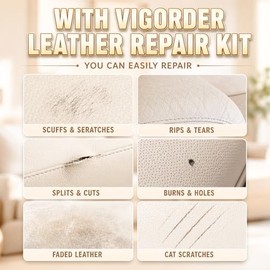 Kit de reparación de cuero en crema Vigorder para muebles, kit de reparación de vinilo para interior de coche, sofá, chaqueta, bolso – instrucciones s