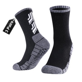 YUEDGE Mens Soccer Grip Socks for Men Size 10-13 Non Slip Black Cushioned Crew Socks Basketball Football Sports Athletic Socks, 3 Pairs