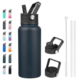 BJPKPK Insulated Water Bottles with Straw Lid, 32oz Metal Large Water Bottle with 3 Lids, Reusable Leak Proof BPA Free Thermo, Stainless Steel Tumblers for Sports, Gym, Travel-Navy Blue