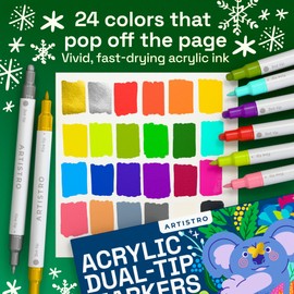 ARTISTRO 24 Acrylic Paint Markers for Rock, Fabric, Wood, Glass, Craft, Decoration - Dual-Tip Paint Pens - Stocking Stuffers, Christmas Gift Idea for Teens, Grandkids, Kids - Art Supplies