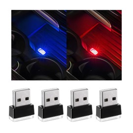 Yourkar 4 PCS USB LED Car Interior Atmosphere Lamp, Plug-in USB Interface Trunk Ambient Lighting Kit, Night Led Decoration Mini USB Light, Universal Interior Car Accessories (Blue+Red)