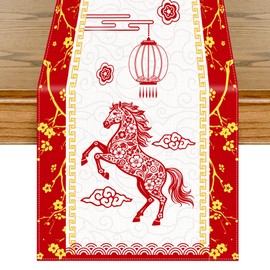Hokinaa Lunar New Year Decorations - Chinese Happy 2026 The Year of Horse Table Runner Decor Red Gold Lantern Asian Winter Holiday Party Supplies for Home Dining Kitchen Spring Festival 13x72 Inch
