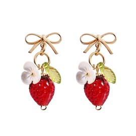 DLYFNVEV Strawberry Earrings Fruit Food Red Beaded Bow Stud Earrings Cute 14K Gold Plated Stud Earrings For Women White Pearl Flower Red Gold Dangle Earrings Bow