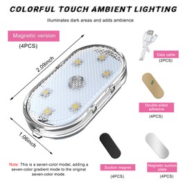 povtii 4 PCS Wireless Led Lights for Car Interior, 7 Colors Magnetic Auto Ambient Light with 6 Bright LED Lamp Beads, USB Rechargeable Vehicle Led Night Light, Car Accessories (Colorful)