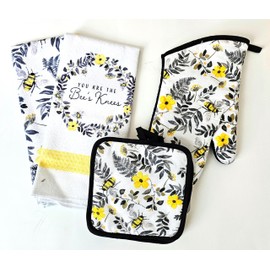 Generic 5 pc Honey Bee Themed Dish Towels 2 Drying Towels, 2 Pot HOlder and 1 Oven Mitt, Black, White, Yellow, Gray