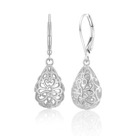 Silver Filigree Drop Earrings for Women, Vintage Hollow Dangle Earrings, Hypoallergenic Teardrop Leverback Earring Jewellery Gifts