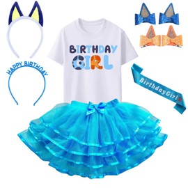 ERGO QUEEN 3 4 5 6 7 8 Year Old Girl Birthday gifts, T-shirt, Blue Tutu Dress, Birthday Sash and Hairband, Dog Ears Headband, Ears Hair Clips, Decorations Costume Theme Party Supplies Cosplay (7-8Y)